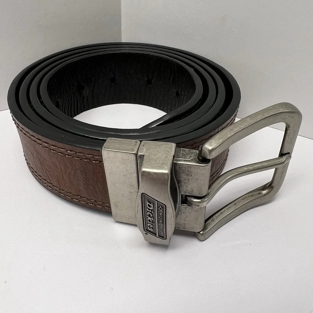 Dickies Belt Men's 44/110 Genuine Leather Reversible Brushed Nickel Black‎ Brown